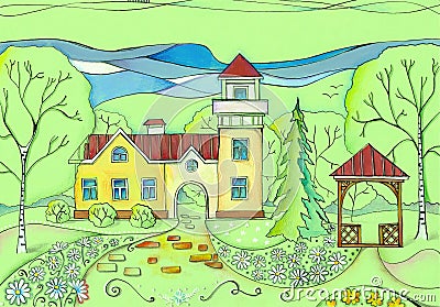 Summer day in village. Colorful drawing of house with tower, birch and fir trees, lawn with flowering daisies and cozy arbor Stock Photo