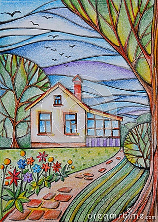 Summer day in village. Small country house in the garden with flowers, trees and paved path. Drawing by colored pencils Stock Photo