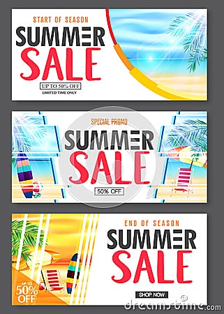 Summer Design Banner with 3D Realistic Beach Resort and Seashore Seascape View with Palm Leaves Vector Illustration