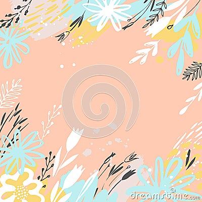 Summer design with hand drawn flowers in pastel colors. Greeting card Vector Illustration