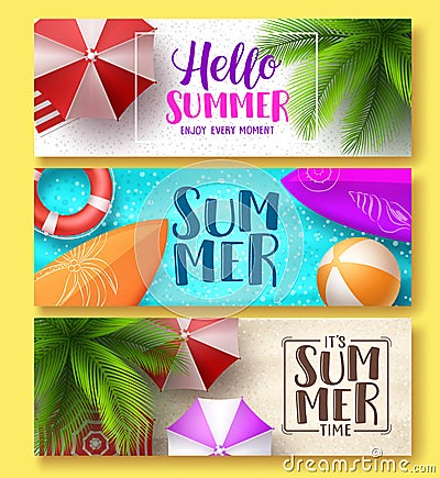 Summer design vector banner set. Hello summer greeting text in beach sand with colorful summer elements Vector Illustration