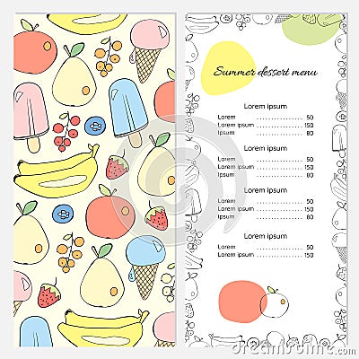 Summer dessert menu with fruits and ice cream Vector Illustration