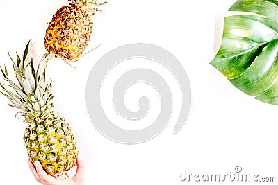 Summer dessert with pineapples and plant on white background top view mock up Stock Photo