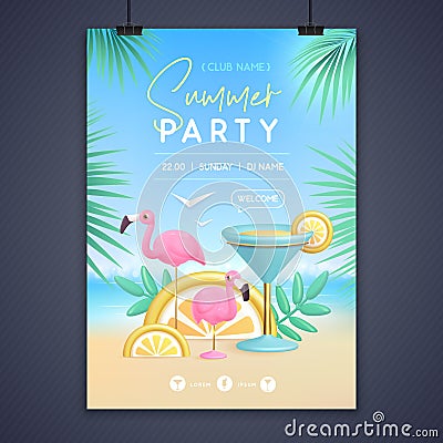 Summer disco party poster with 3d blue lagoon cocktail and flamingo. Colorful summer beach scene. Vector Illustration