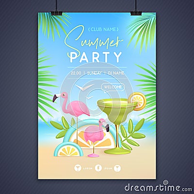 Summer disco party poster with 3d margarita cocktail and flamingo. Colorful summer beach scene. Vector Illustration