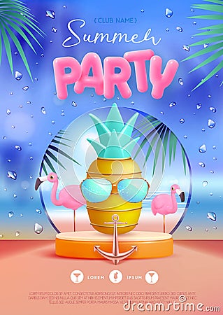 Summer disco party poster with 3d stage, pineapple and flamingo. Colorful summer beach scene. Vector Illustration