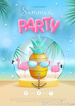 Summer disco party poster with 3d stage, pineapple and flamingo. Colorful summer beach scene. Vector Illustration
