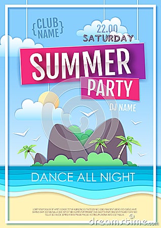 Summer disco party poster with sea beach and island. Paper cut out art design Vector Illustration