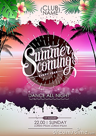 Summer disco poster cocktail beach party. Lettering poster summer is coming Vector Illustration