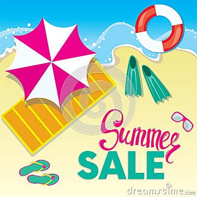 Summer discounts. Vector illustration with inscription, slapping, swimming circle and beach umbrella. Vacation and travel. Vector Illustration