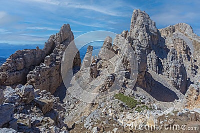 Summer dolomite rocky panorama with giant pinnacles in the Latemar Massif Stock Photo