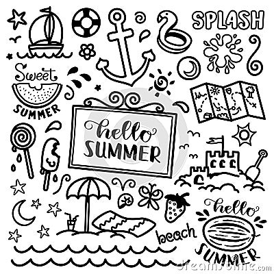 Summer doodle. Hand drawn summer icon set. Vector Illustration