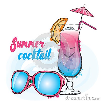 Summer drink and sunglasses. Vector . Vacation. Summer card. Vector Illustration