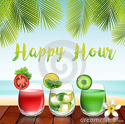 Summer drinks on the table in beach background Vector Illustration