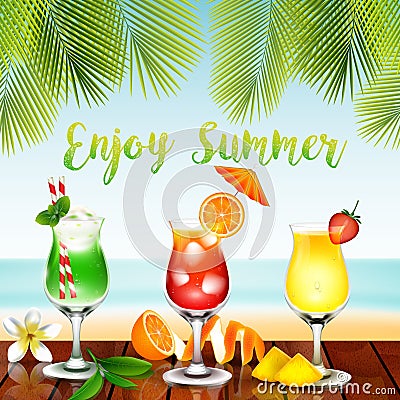 Summer drinks on the table in beach background Vector Illustration