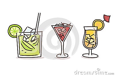 Summer drinks in trendy doodle hand drawn style. Vector illustrations with fresh cocktail drinks Vector Illustration