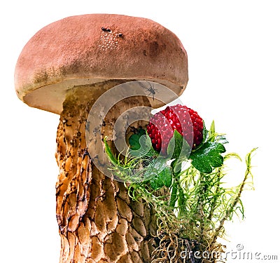 Summer eatable mushroom and red forest strawberry isolated Stock Photo