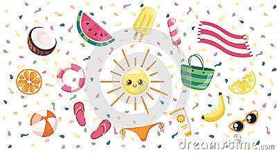 Summer elements. Bright colorful beach elements, citrus fruits, ice-cream, coconut, watermelon, banana. Yellow, red colors. Simple Vector Illustration