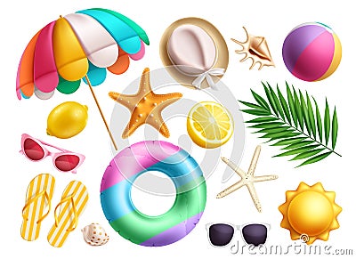 Summer elements vector set design. Summer beach elements collection like umbrella, hat, beachball Vector Illustration