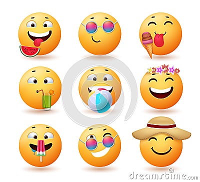 Summer emoji vector set design. Emojis emoticon in funny and cute faces with summer vacation objects for tropical season emoticons Vector Illustration