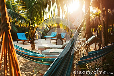 Summer evening tropical beach scene with hammocks and lounge chairs Stock Photo