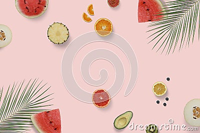 Summer exotic fruit top view flatlay with green palm leaves. Sliced watermelon Stock Photo