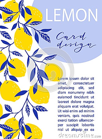 Summer exotic and tropic background design. Composition with lemons and leaves. Vector universal card. Vector Illustration