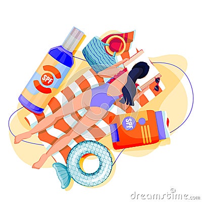 Summer face body solar protection. Woman sunbathing with sunblock. Vector illustration of girl and sunscreen cosmetics Vector Illustration