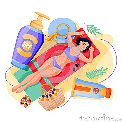 Summer face body solar protection. Woman sunbathing with sunblock. Vector illustration of girl and sunscreen cosmetics Vector Illustration