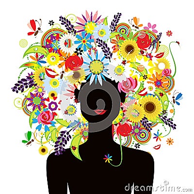 Summer face, woman with floral hairstyle beautiful Vector Illustration