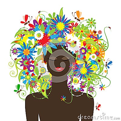 Summer face, woman with floral hairstyle beautiful Vector Illustration