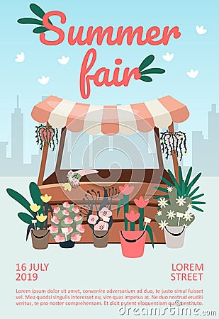 Summer fair brochure template. Street market, funfair stall, trade tent flyer, booklet, leaflet concept with flat illustrations. Vector Illustration
