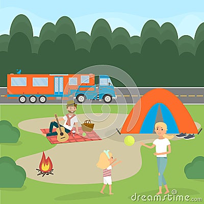 Summer family picnic. Travel by campervan. Vector Illustration Vector Illustration