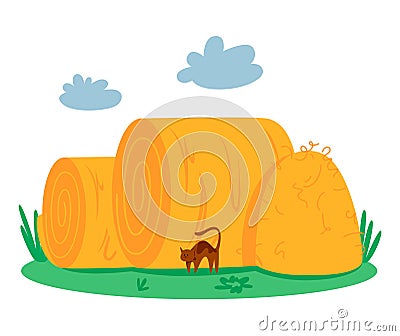 Summer farm landscape with haystacks. Farm large sheaf of dry wheat. Vector Illustration
