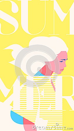 Summer fashion portrait of a blondie model girl. Retro trendy yellow color stories template. Vector Illustration