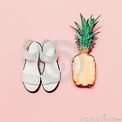 Summer fashion set. Vanilla style pineapple and sandals Stock Photo