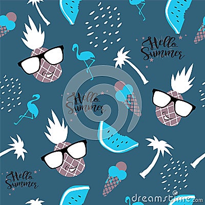 ABSTRACT TROPICAL HAND DRAW COMPOSITION OF SUMMER FEELING SEAMLESS VECTOR PATTERN. Vector Illustration