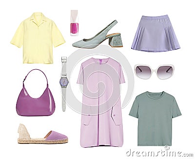 Summer female clothing set isolated on white.Women's clothes collage, colorful garment collection Stock Photo
