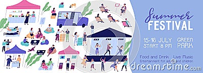 Summer festival horizontal banner with place for text vector flat illustration. Announcement of open air entertainment Vector Illustration