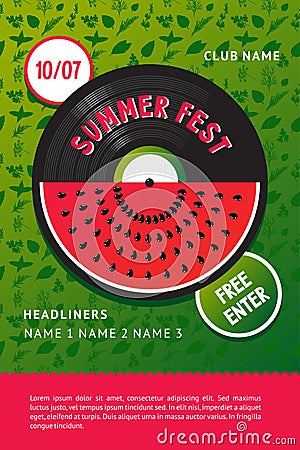 Summer festival vector poster. Watermelon and vinyl record. Music party background. Club party invitation. Vector Illustration