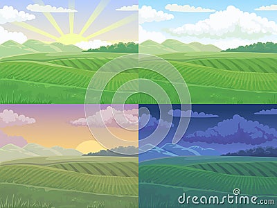 Summer field. Green hill, daytime fields landscape and spring hills cartoon vector illustration background Vector Illustration