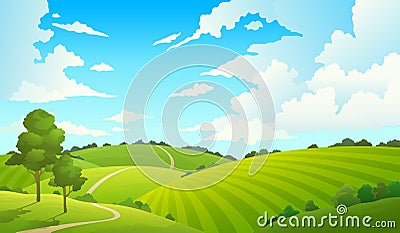 Summer field landscape. Nature hills fields blue sky clouds sun countryside. Cartoon green tree and grass rural land. Vector Illustration