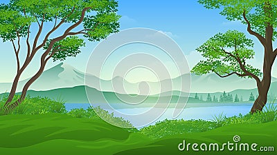 Beautiful Summer Fields Landscape with lake cartoon illustration Cartoon Illustration