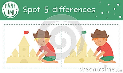 Summer find differences game for children. Beach holiday preschool activity with boy building sandcastle. Printable worksheet with Vector Illustration