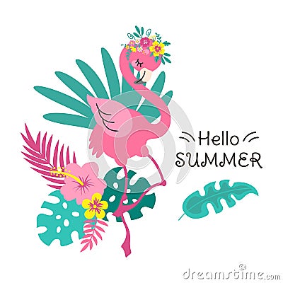 Summer flamingo. Beautiful summer t-shirt art print. Apparel graphic design, tropical pink bird and exotic palm leaves Vector Illustration