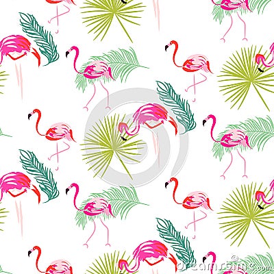 Summer flamingo and palm tropic branches seamless pattern. Vector Illustration