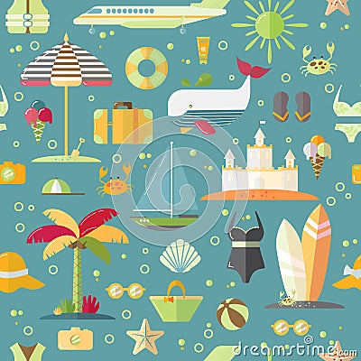 Summer flat seamless pattern with holyday and summer seasonal elements - palm, case, airplan, sun, sand and other. Flat Vector Illustration