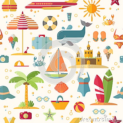 Summer flat seamless pattern with holyday and summer seasonal elements - palm, case, airplan, sun, sand and other. Flat Vector Illustration