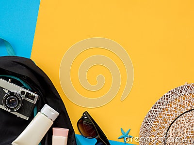 Summer Flat Lay Photo with blue and yellow background. Stock Photo