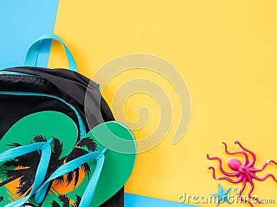 Summer Flat Lay Photo with blue and yellow background. Stock Photo